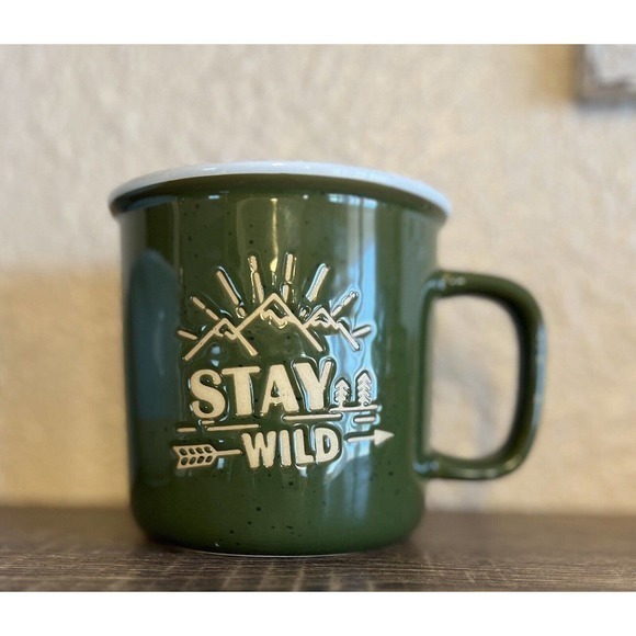 Stay Wild Retro Ceramic Coffee Mug Cup Camping Outdoors RV Trees Mtns 4 x 4" - Picture 2 of 5